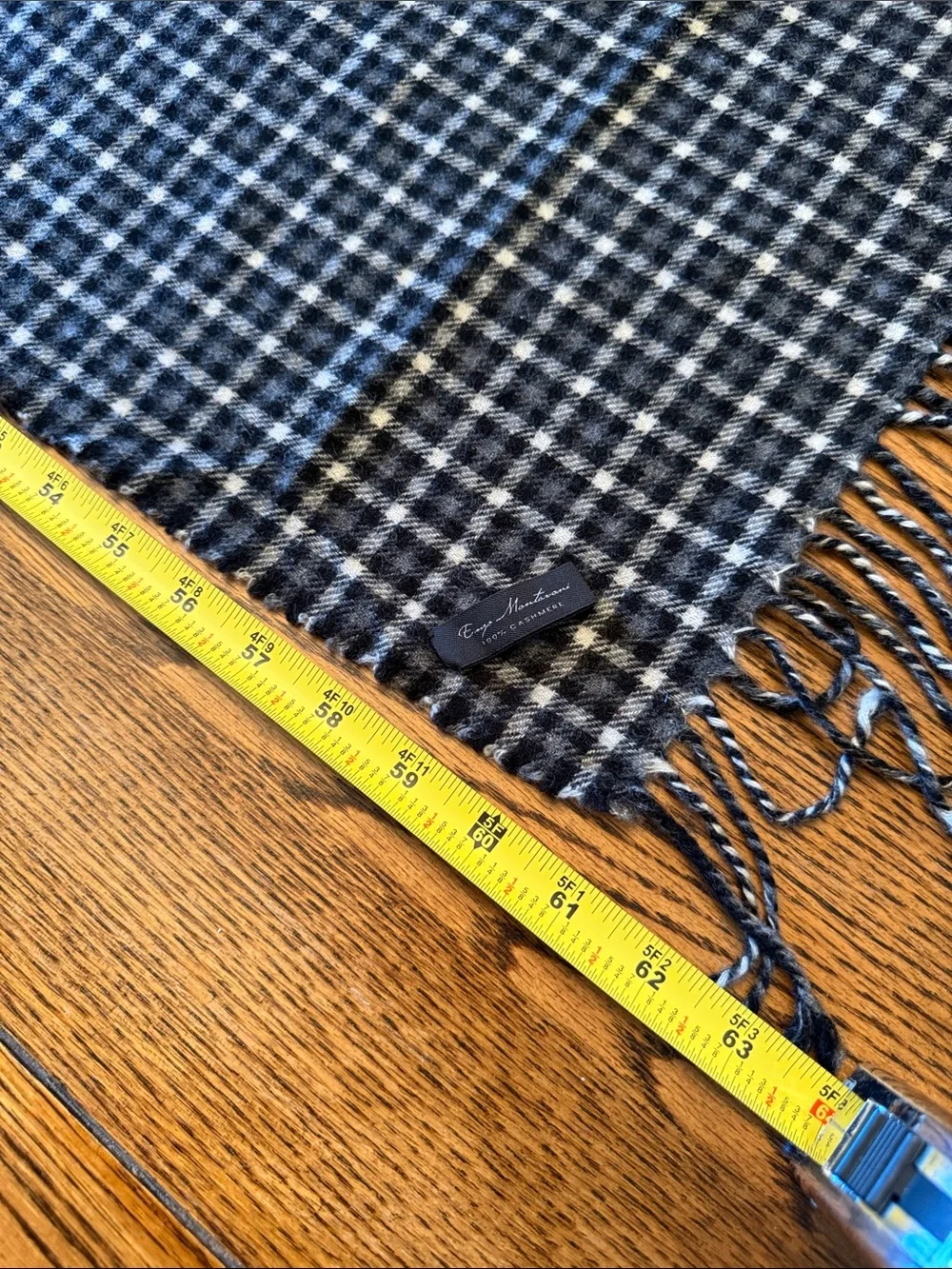 Enzo Mantovani 100% Cashmere Scarf Black Gray Plaid Fringe 63”